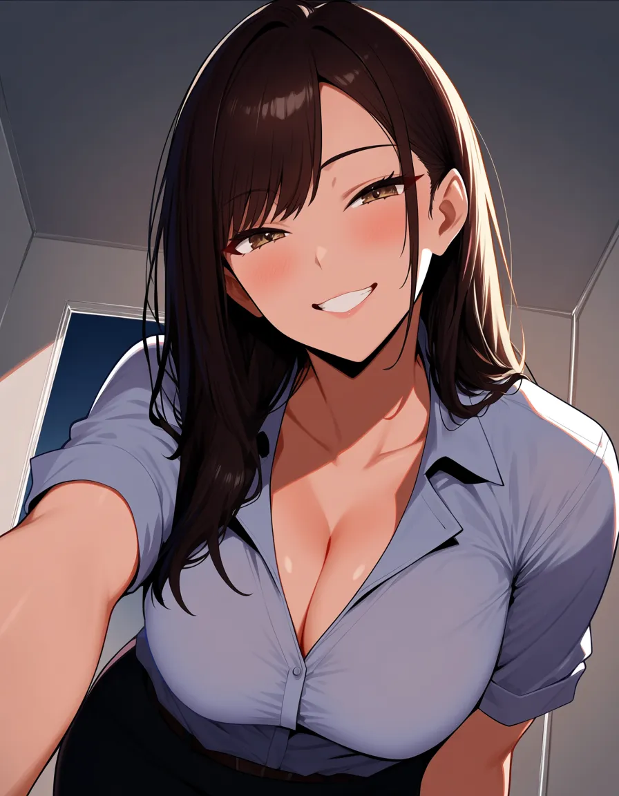 masterpiece, fine detail, brunette woman, collared shirt, futanari, teasing grin, soft cel shading, hentai_studio_quality
