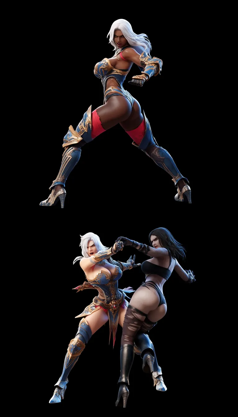Two females, battle, dark_skin , warrior princess vs witch, battered, torn clothes, curvy wide_hips torn_clothes fighting_stance butt_crack ,anus visable, breasts_out angry action scene, multiple views, multiple angles, castle scenery, score_9, score_8, 3d render, octane render, subsurface scattering, ray tracing, smooth shading