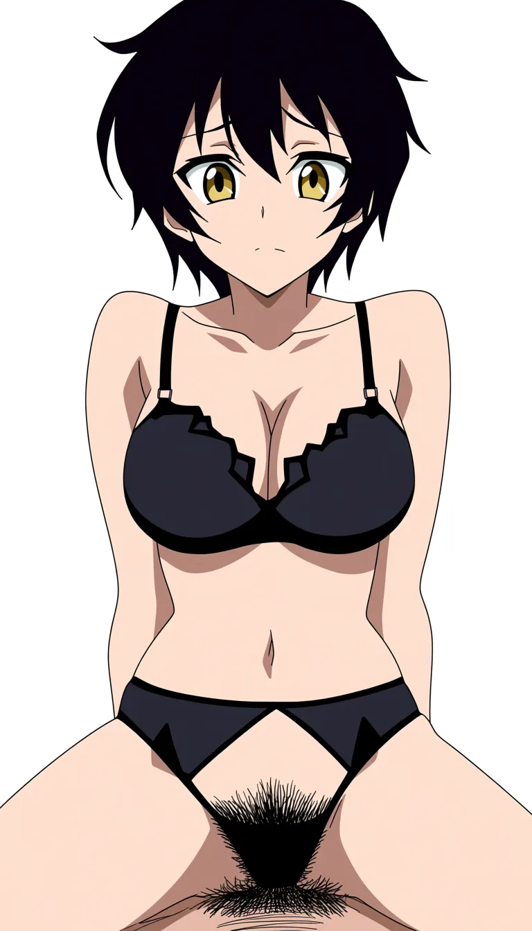 Anime character Misaki Gundou, wearing black lingerie, hairy pubic area, straddling pose.ekspressionless