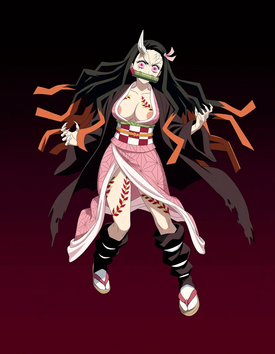 1girl, kamado nezuko, Demon Nezuko Kamado, Kimetsu no Yaiba, slip brown nipples, big areola, pubic hair, advanced demon form, long black hair with orange tips, pink demon eyes with slit pupils, a single ivory horn protruding from the right side of her forehead, pink vine-like demon markings across her body, sharp claws, pale skin, fierce expression, long flowing hair, black and pink kimono, torn pink-patterned clothing, red and green bamboo-themed details, dynamic pose, full body, highly detailed anime illustration, faithful character design, dramatic lighting, sharp lineart, vibrant colors, kimetsu no yaiba, demon slayer,,, (anime style:1.3), 2d, anime screencap, cel shading, flat color, (anime style:1.3), 2d, anime screencap, cel shading, flat color, hentai_studio_quality