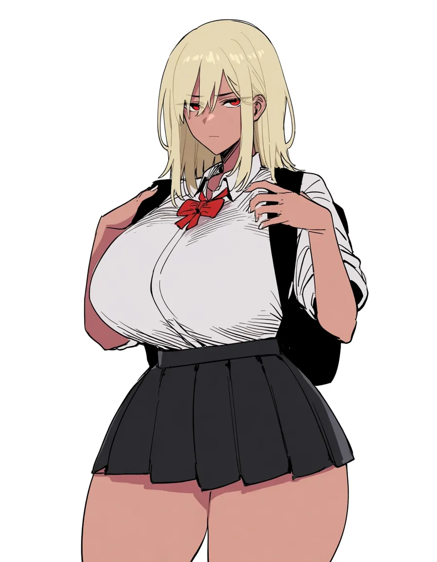 Blonde hair, red eyes, tan skin, huge, round breasts, thick thighs, school blouse, black skirt, backpack, cold and serious face, white background. 

[ratatatat74] Bad Ending Party,, hentai_studio_quality
