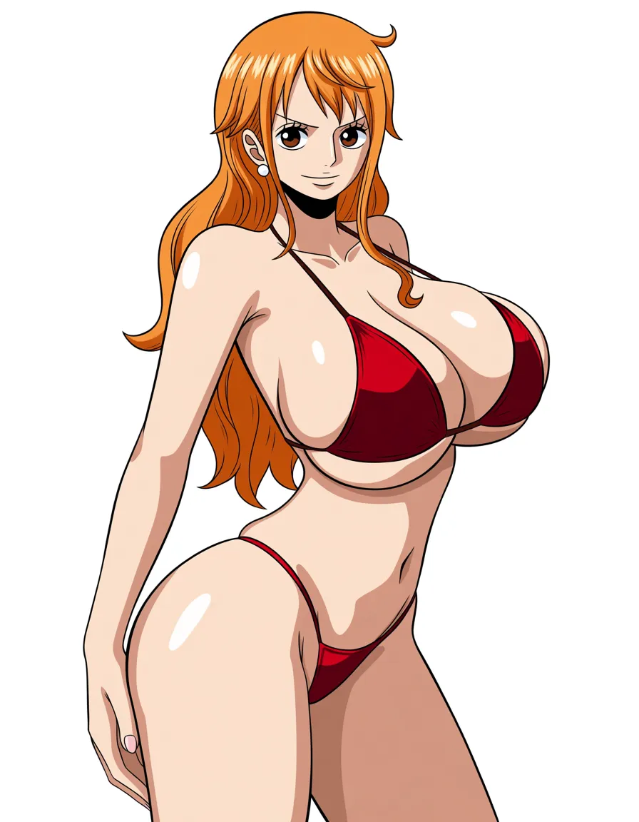 Nami from One Piece,, white background , red bikini, huge breasts, thick thighs, sensual standing position .
Masterpiece, best quality, ultra-detailed, 8k, absurdres, sharp,, hentai_studio_quality, hentai_studio_quality, hentai_studio_quality