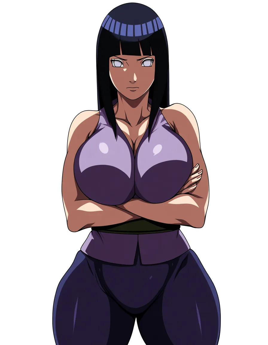 Hinata Hyuga from Naruto, Arms crossed, sexy outfit, huge breasts and thick thighs, serious look, white background.
Masterpiece, ultra-detailed, 8k, very detailed, high resolution, illustration, Overall, sharp, hentai_studio_quality, hentai_studio_quality
