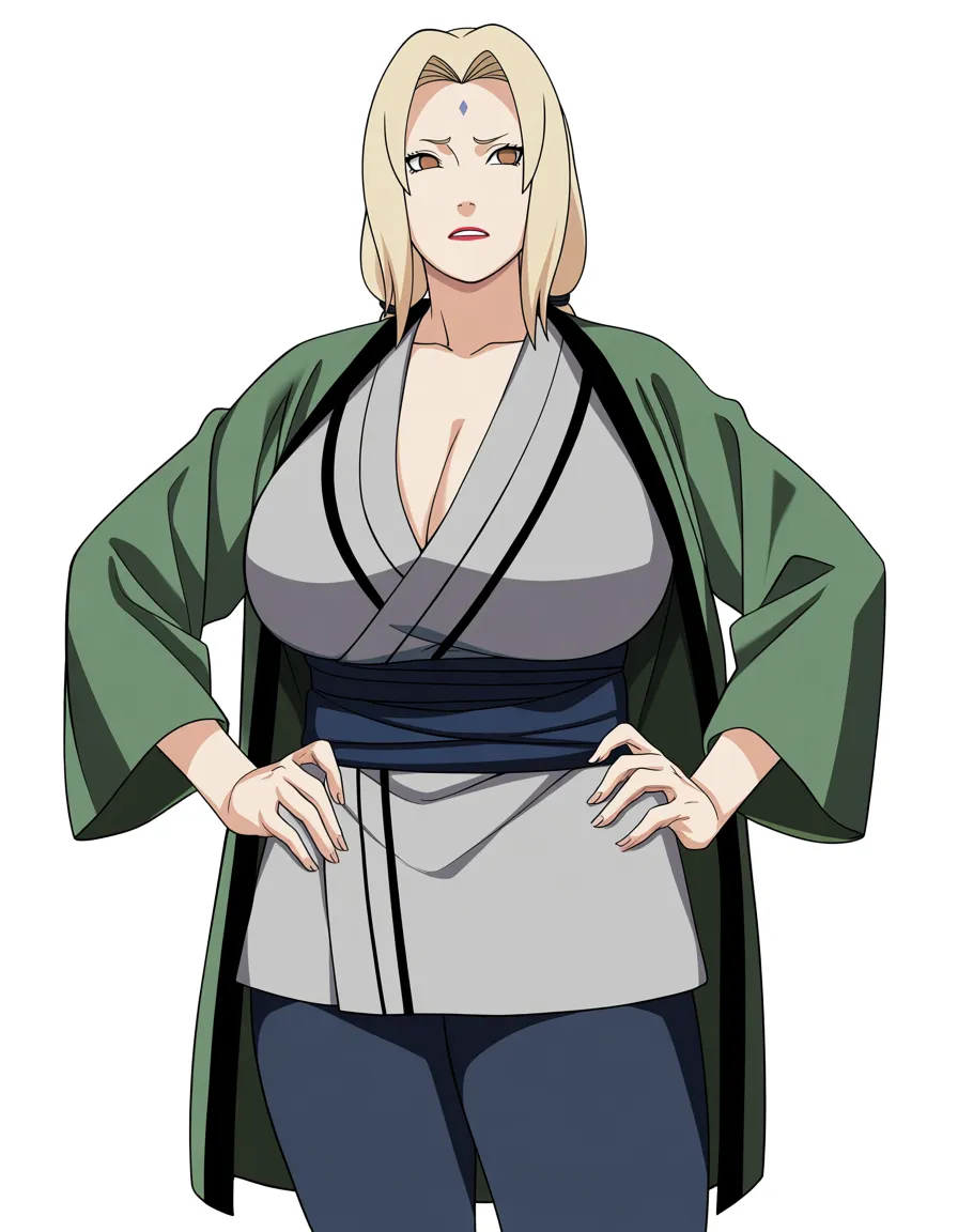 Mature female, MILF, Tsunade from Naruto, large breasts, thick thighs, hands on her hips, tired face, white background. 

ultra-detailed, sharp focus, 8k, absurdres, very detailed, high resolution, illustration, anime-influenced., hentai_studio_quality, hentai_studio_quality, hentai_studio_quality, hentai_studio_quality, hentai_studio_quality, hentai_studio_quality, hentai_studio_quality