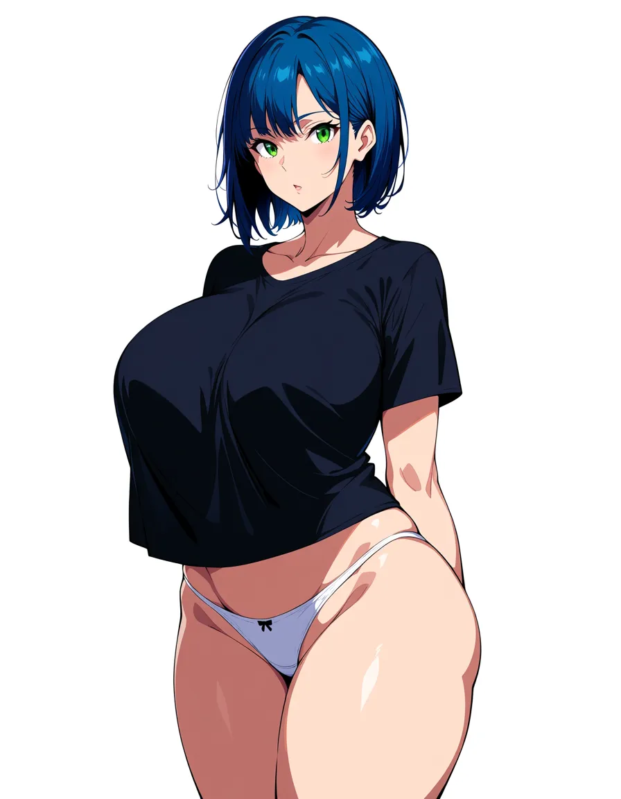 Blue hair, green eyes, large, wide breasts, thick thighs, short black shirt, white panties, sensual standing pose, white background. 

ultra-detailed, sharp focus, 8k, absurdres, very detailed, high resolution, illustration, anime-inspired., hentai_studio_quality