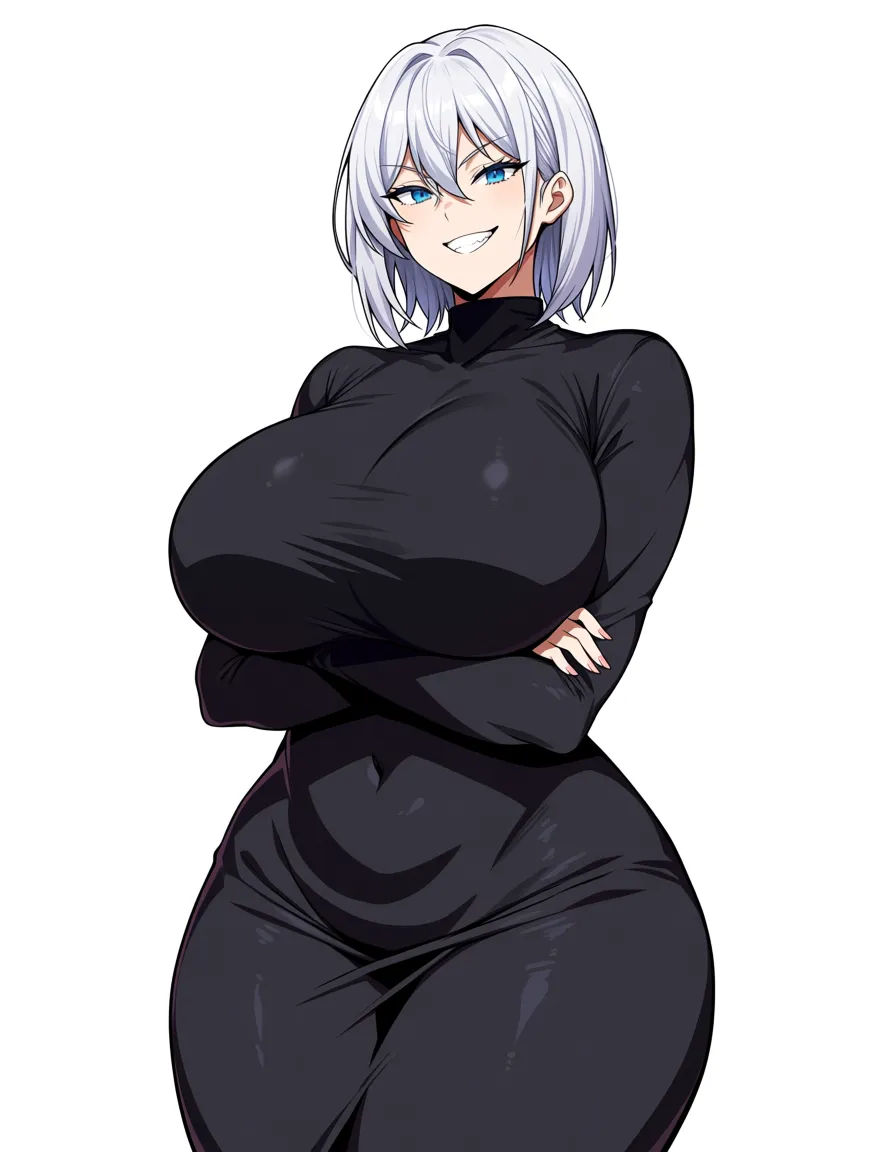 Mature female, blue eyes, white hair, huge breasts, thick thighs, mischievous look, white background, arms crossed, tight black dress that accentuates the body. 


[[Sungwon]],, hentai_studio_quality