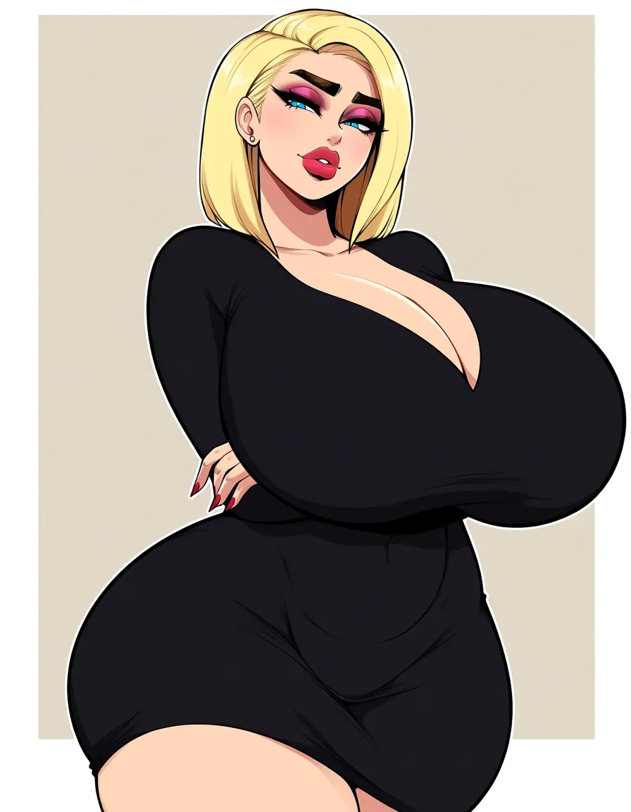 Blonde hair, blue eyes, full lips, thick eyebrows, a sensual gaze, huge breast, Tight black dress, thick thighs, background white
(Masterpiece quality, ultra-detailed, sharp, waifu fanart, mega quality), hentai_studio_quality, hentai_studio_quality, hentai_studio_quality, hentai_studio_quality, hentai_studio_quality, hentai_studio_quality, hentai_studio_quality, hentai_studio_quality, hentai_studio_quality, hentai_studio_quality