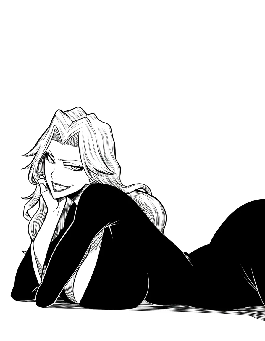 Rangiku from Bleach, Lying on her back, her breasts pressed against the floor, a mischievous smile, white background, propped up on her elbow. 


(Masterpiece quality, ultra-detailed, sharp, waifu fanart, mega quality), hentai_studio_quality,, hentai_studio_quality, hentai_studio_quality, hentai_studio_quality, hentai_studio_quality, hentai_studio_quality, hentai_studio_quality