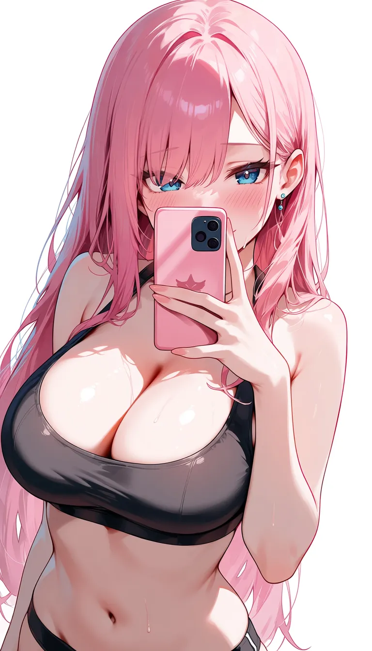 completely_nude mirror selfie phone medium_breasts pink_hair