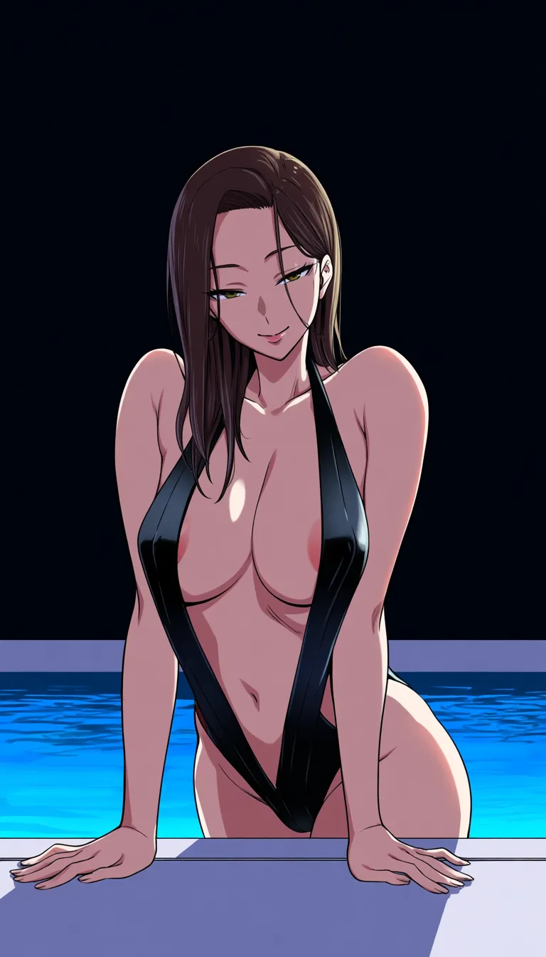 best quality, explicit detail,@uraraka_ochaco,18+ , brown_hair , perfect body,rounded hips,  detailed body, medium_breasts , (black backless open sides open belly, open breast swimsuit: 1.0), night, night moon soft smooth dim light, seductive smile, emerges from the pool, leaning on the edge of the pool with his hands, Inside the house pool, behind back view, hentai_studio_quality, hentai_studio_quality