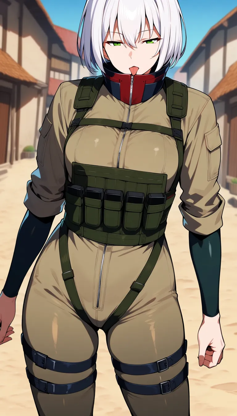 masterpiece, fine detail, Anime Female With Short bob cut White hair, medium Breasts, Green Eyes, Cheeky Face, licking pov white cock, pov white cock, half closed eyes, Taunting, hourglass body, Sand colour detailed closed combat gear outfit, no military set, no military theme, no helmet, Pants, no gloves, village surroundings background, desert biome, eroge aesthetics,  Base: Form-fitting khaki tactical jumpsuit with a front zipper. · Sleeves: Two-toned with dark green/black fitted forearms. The sleeves are rolled up. · Chest: Olive-drab chest rig with shoulder straps and a row of six utility pouches. · Waist & Thighs: Dark green tactical belt with black buckles, connected by horizontal straps wrapping around the upper thighs. · Extras: High dark collar with red accents, and a rigid dark thigh plates on the Thighs. no hentai_studio_quality., hentai_studio_quality, hentai_studio_quality, hentai_studio_quality, hentai_studio_quality, hentai_studio_quality
