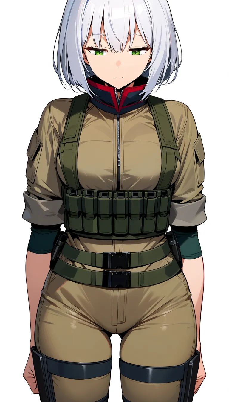 masterpiece, fine detail, Anime Female With Short bob cut White hair, medium Breasts, Green Eyes, Cheeky Face, blowjob, licking pov white cock, pov white cock, half closed eyes, Taunting, hourglass body, Sand colour detailed closed combat gear outfit, no military set, no military theme, no helmet, Pants, no gloves, village surroundings background, desert biome, eroge aesthetics, · Base: Form-fitting khaki tactical jumpsuit with a front zipper. · Sleeves: Two-toned with dark green/black fitted forearms. The sleeves are rolled up. · Chest: Olive-drab chest rig with shoulder straps and a row of six utility pouches. · Waist & Thighs: Dark green tactical belt with black buckles, connected by horizontal straps wrapping around the upper thighs. · Extras: High dark collar with red accents, and a rigid dark thigh plates on the Thighs. no hentai_studio_quality., hentai_studio_quality