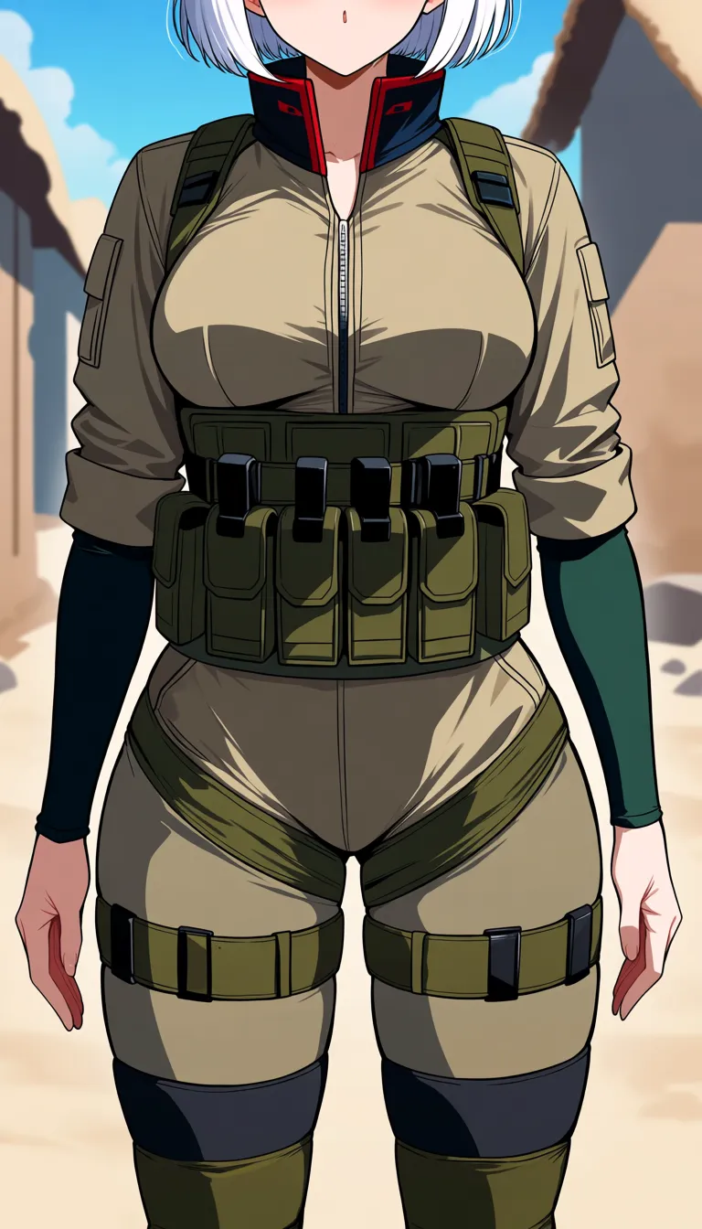 masterpiece, fine detail, Anime Female With Short bob cut White hair, medium Breasts, Green Eyes, Cheeky Face, blowjob, licking pov white cock, pov white cock, half closed eyes, Taunting, hourglass body, Sand colour detailed closed combat gear outfit, no military set, no military theme, no helmet, Pants, no gloves, village surroundings background, desert biome, eroge aesthetics, · Base: Form-fitting khaki tactical jumpsuit with a front zipper. · Sleeves: Two-toned with dark green/black fitted forearms. The sleeves are rolled up. · Chest: Olive-drab chest rig with shoulder straps and a row of six utility pouches. · Waist & Thighs: Dark green tactical belt with black buckles, connected by horizontal straps wrapping around the upper thighs. · Extras: High dark collar with red accents, and a rigid dark thigh plates on the Thighs. no hentai_studio_quality., hentai_studio_quality, hentai_studio_quality, hentai_studio_quality