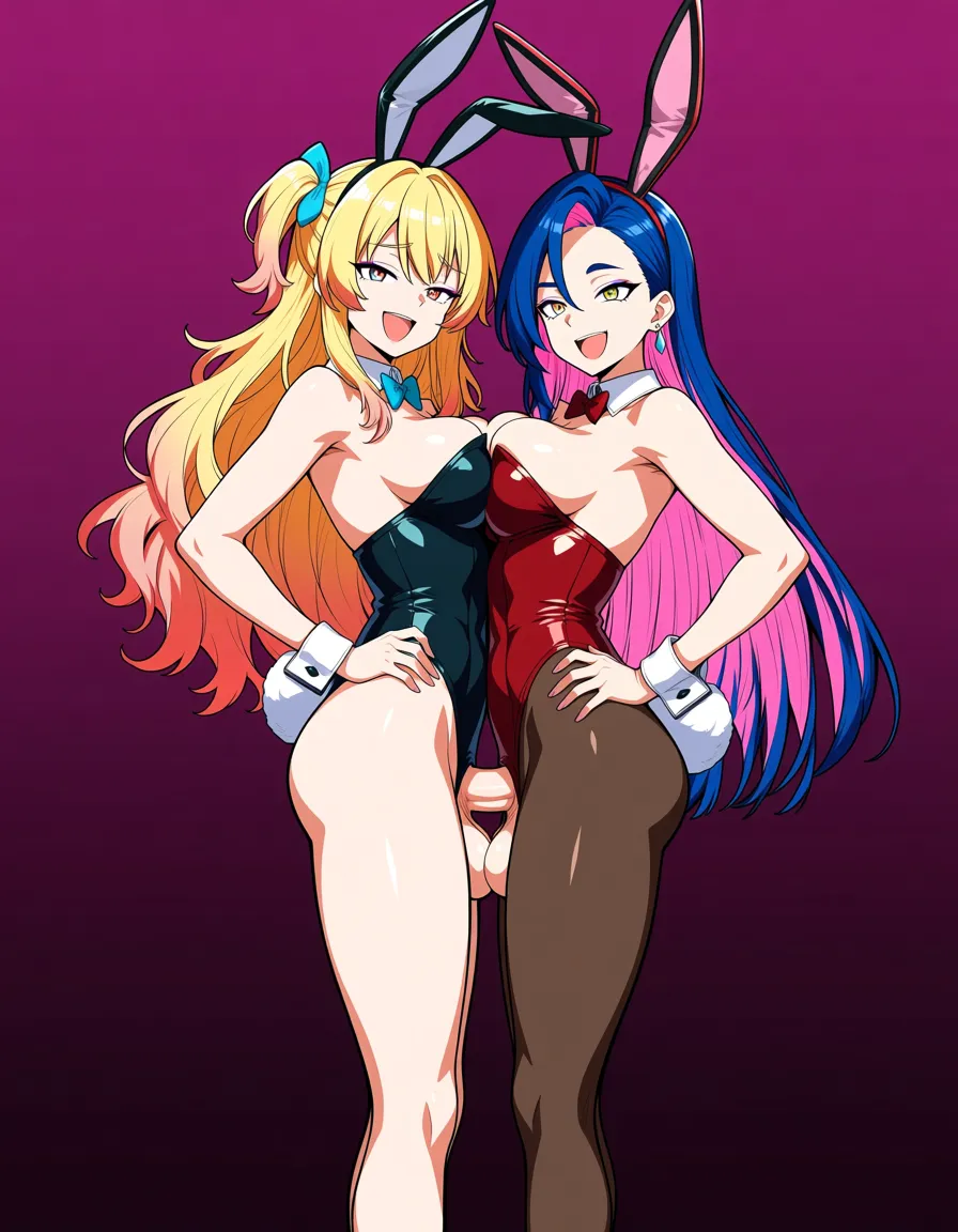 ultra detailed shading, two futanari, playboy bunny, medium breasts, multicolored hair, long hair, standing sex, anal, hentai style, hentai_studio_quality