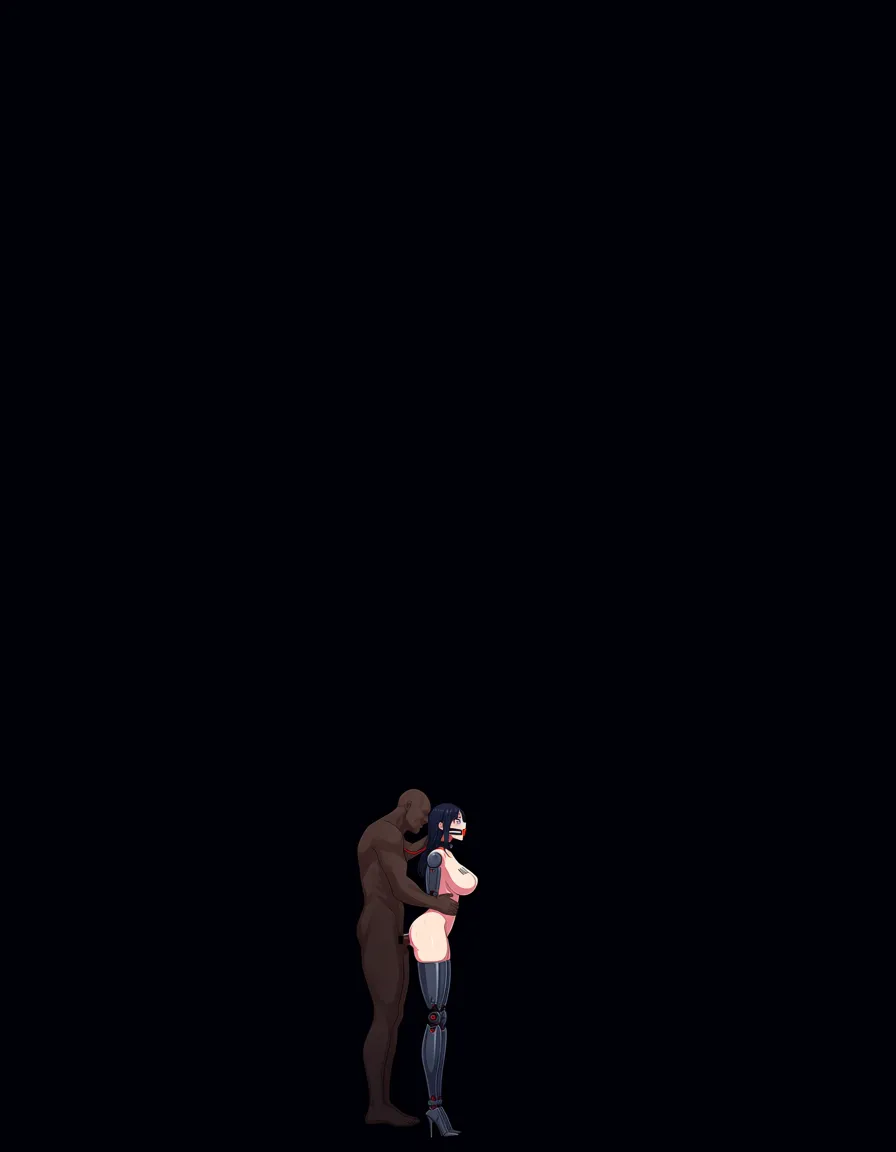 Woman (nude, mechanical arms and legs, standing up, collar and leash, O ring gag, barecode chest tattoo, anal and vaginal insertion, empty eyes, huge breasts).
The man is holding her head.
BREAK : park, at night., hentai_studio_quality
