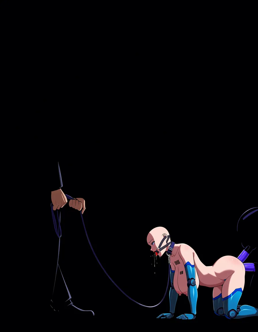 Woman (bald, nude, mechanical arms and legs, all fours, collar and leash, O ring gag, barecode chest tattoo, anal and vaginal insertion, empty eyes, huge breasts, fellatio). multiple_views The man is holding her leash. BREAK : park, at night.,, hentai_studio_quality