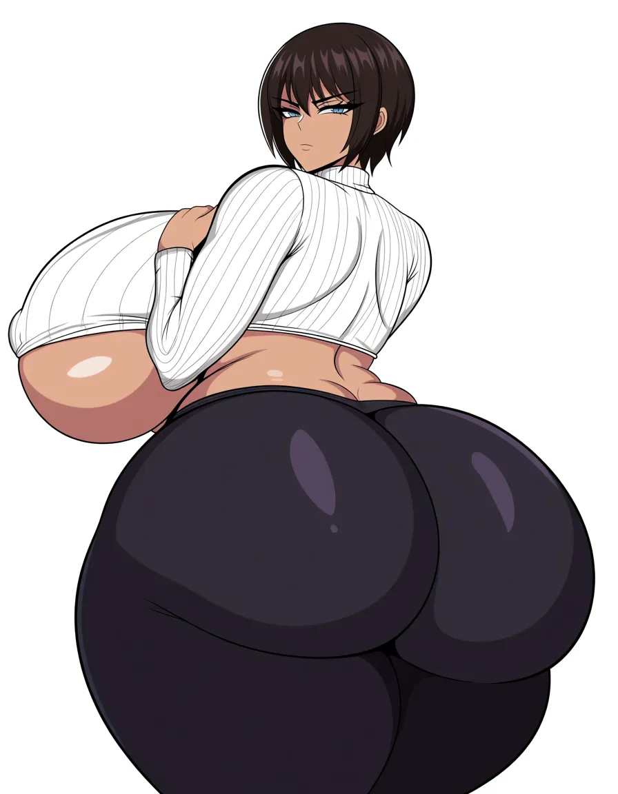 blend of SemiDraws and Reality Quest art style, 
Siyeon Reality Quest, short dark brown hair, sharp intelligent eyes, serious face, 
enormous breasts, thick juicy thighs, large fat ass, 
wearing tight white cropped long-sleeve sweater and black pants, fabric tightly stretched, 
thicc proportions from SemiDraws, clean webtoon shading and linework from Reality Quest, 
detailed, shiny skin, erotic, highly detailed, nsfw, hentai_studio_quality