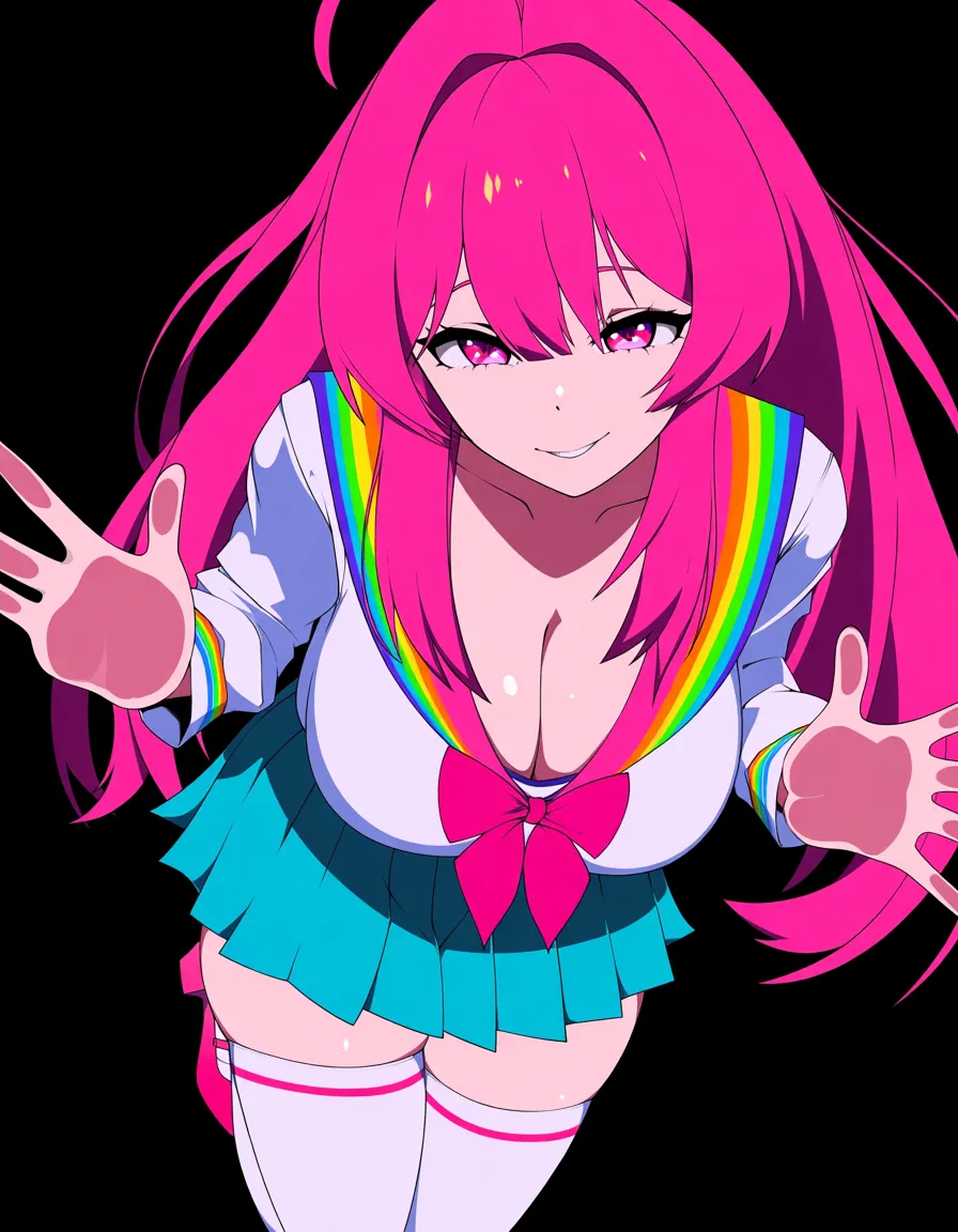 pixel_artstyle, official_art, @giffany, gravity_falls 1girl, solo, clothed, pink_hair, blunt_bangs, blush_stickers, sidelocks, very_long_hair, hair_down, pink_eyes, round_face, round_eyes, naughty_face, heart-shaped_pupils, large_breasts, cleavage, school_uniform, serafuku, striped_collar, rainbow_sailor_collar, pleated_skirt, aqua_skirt, white_shirt, white_thighhighs, pink_shoes, full_body, looking_at_viewer, eye_contact, pov, against_glass, hands_on_glass, (anime style:1.3), 2d, anime screencap, cel shading, flat color, @00osamio00