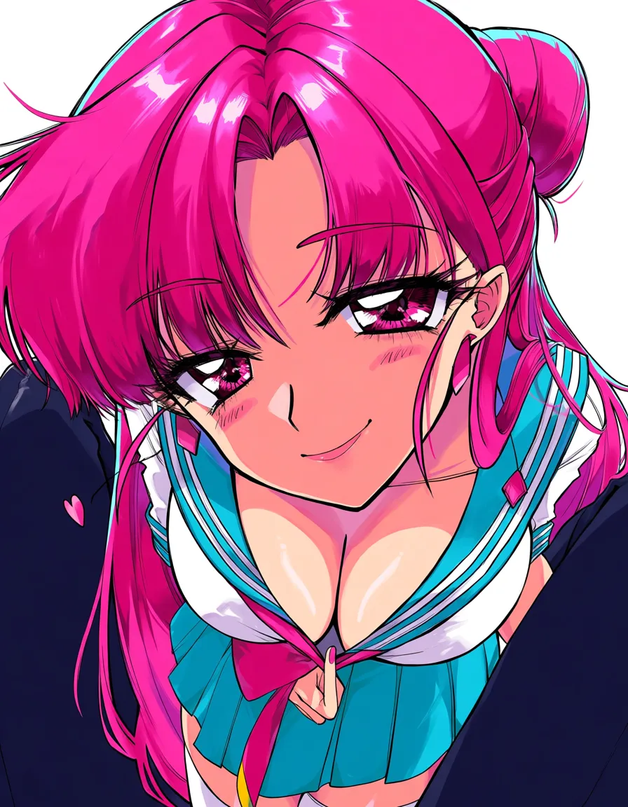 official_art, retro_artstyle, 90s, @giffany, gravity_falls, 1girl, clothed, pink_hair, blunt_bangs, blush_stickers, sidelocks, very_long_hair, pink_eyes, round_face, round_eyes, naughty_face, come_hither, heart-shaped_pupils, large_breasts, cleavage, school_uniform, serafuku, striped_collar, rainbow_sailor_collar, pleated_skirt, aqua_skirt, white_serafuku, white_thighhighs, pink_shoes, looking_at_viewer, eye_contact, fourth_wall, breaking_fourth_wall, leaning_forward leaning_towards_viewer, pov, erection, hentai_studio_quality