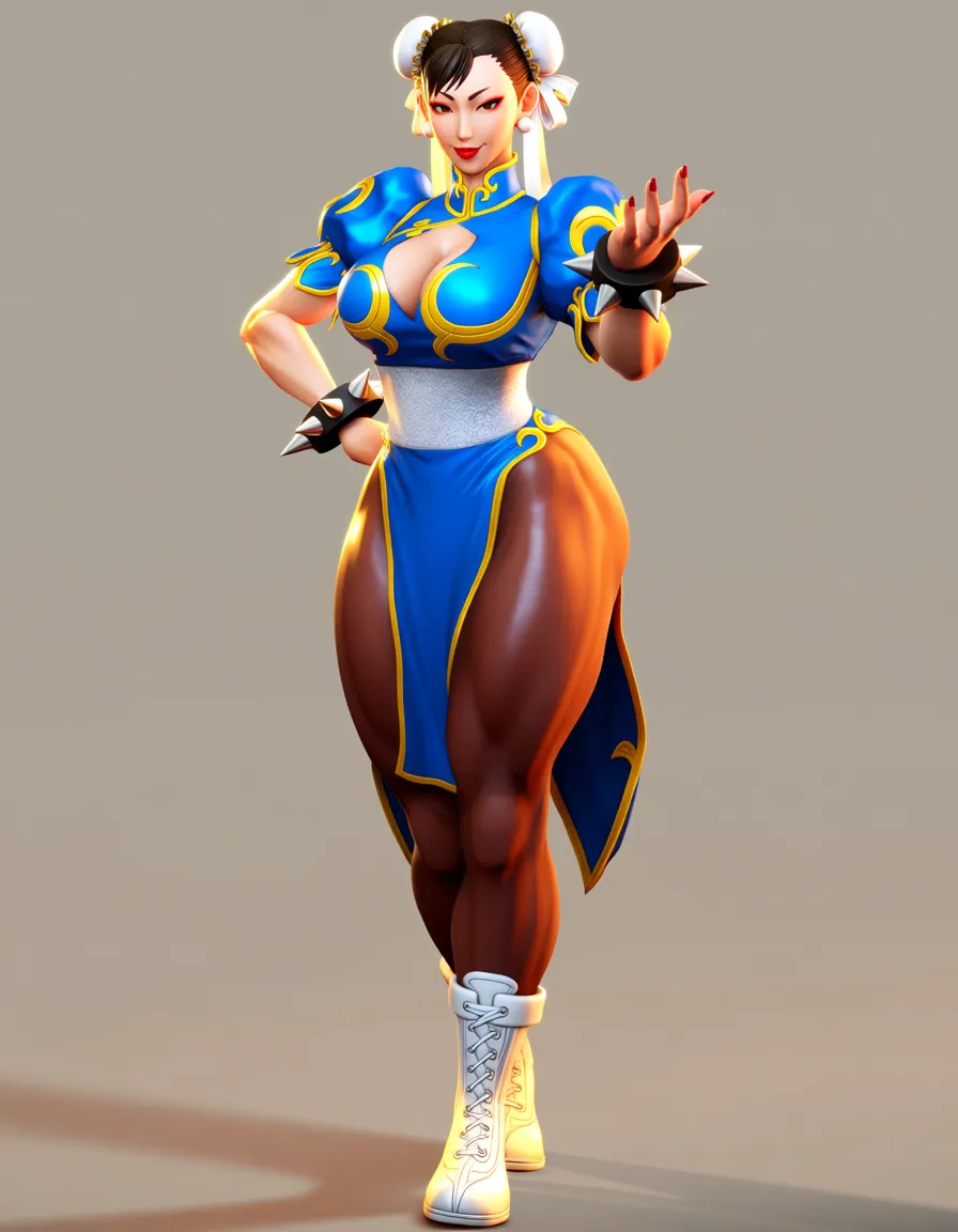 full body shot, detailed concept art, pornified, super hot, Chun-Li from Street Fighter, beautiful mature Asian woman, tall, athletic toned build, strong muscular thighs, fit waist, large round breasts, gorgeous face, red lipstick, brown eyes, hair in two ox horns buns with white ribbons, wearing a tight blue silk qipao dress with golden dragon trim and deep cleavage, brown sheer pantyhose, white ankle boots with gold accents, spiked steel bracelets on both wrists, standing confidently with one hand on her hip, warm maternal smirk, smooth flawless skin, no body hair, gym background, soft warm lighting, masterpiece, highly detailed, 8k resolution, cinematic composition, score_9, score_8, 3d render, octane render, subsurface scattering, ray tracing, smooth shading