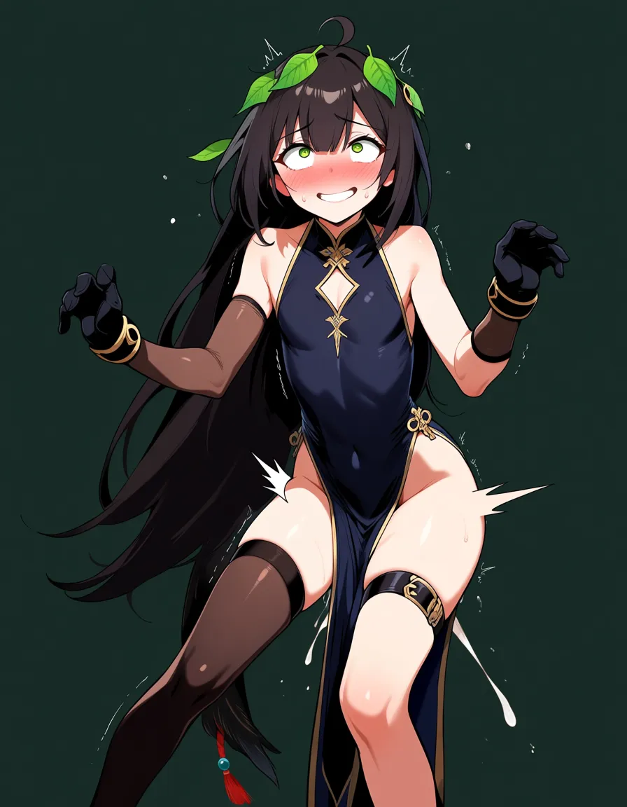highres, vivid, 1other, thigh strap, gloves, anal sex, leaf, nervous blush, hentai style, hentai_studio_quality