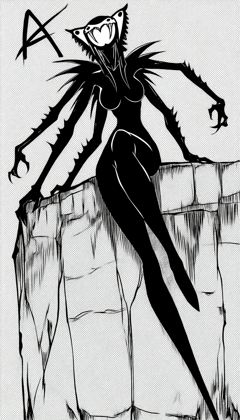 Tall, dark skin, four arms, arachnid, lady humanoid monster sitting.