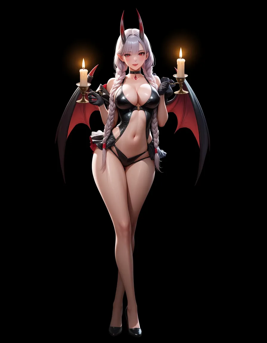 professional photo, high detail, demon girl, twin braids, choker, presenting, candlelight, hyperrealistic, hentai_studio_quality