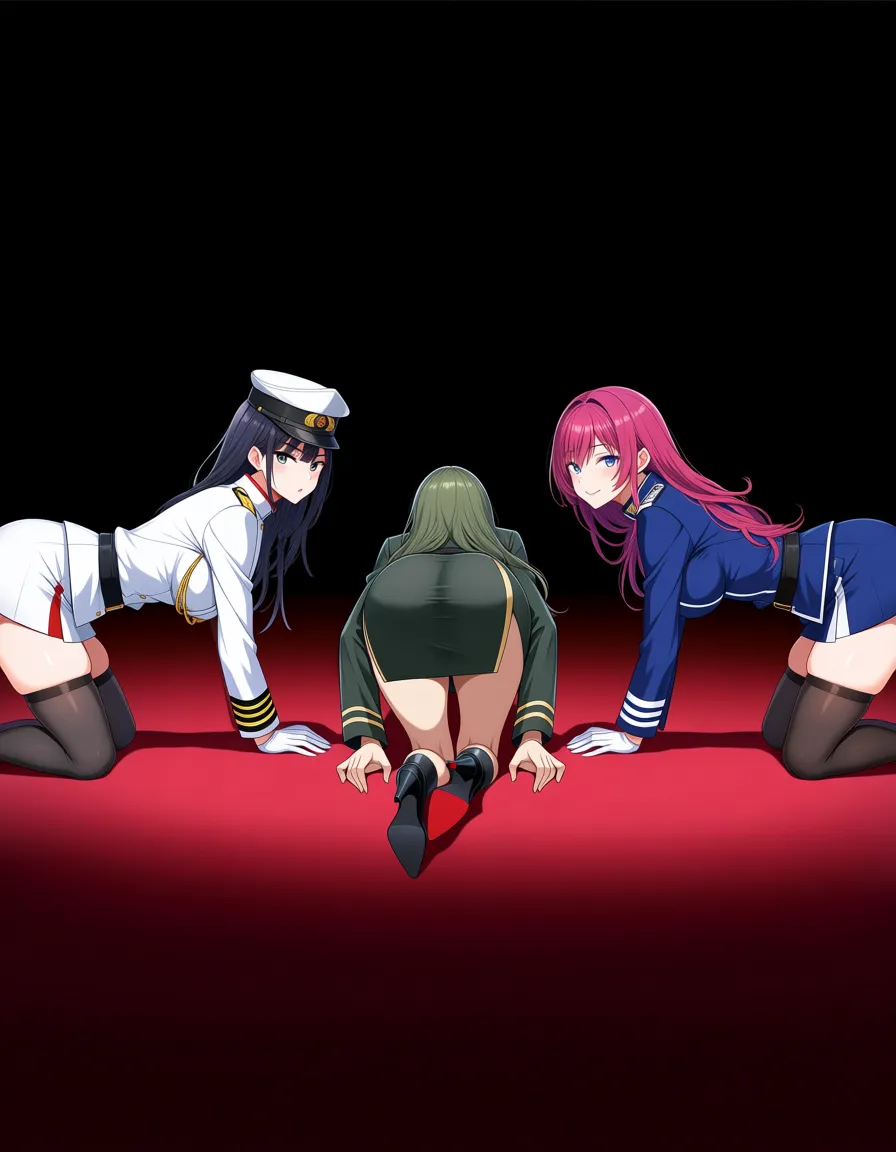 highres, vivid, 3girls, skindentation, skirt, on all fours, military, doujin style, hentai_studio_quality