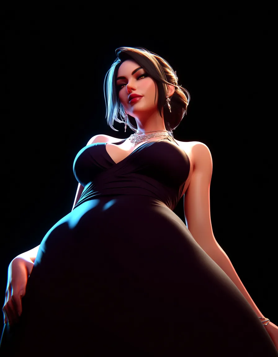 masterpiece, best quality, succubus, evening gown, presenting, confident gaze, from below, manga panel look, score_9, score_8, 3d render, octane render, subsurface scattering, ray tracing, smooth shading