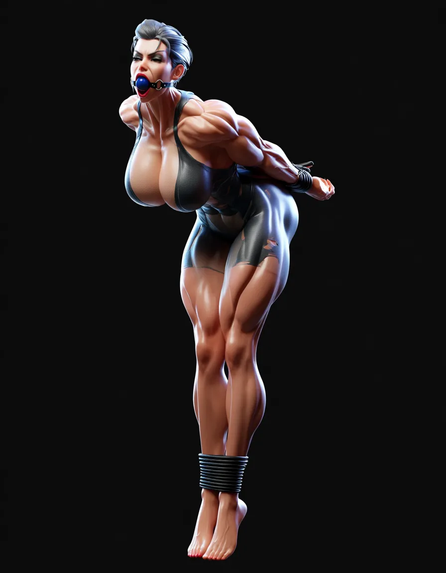 unreal engine, detailed, 1girl, muscular, official alternate costume torn_clothes , bent over, close-up, volumetric full_body , ball gag, huge breasts ,, score_9, score_8, 3d render, octane render, subsurface scattering, ray tracing, smooth shading