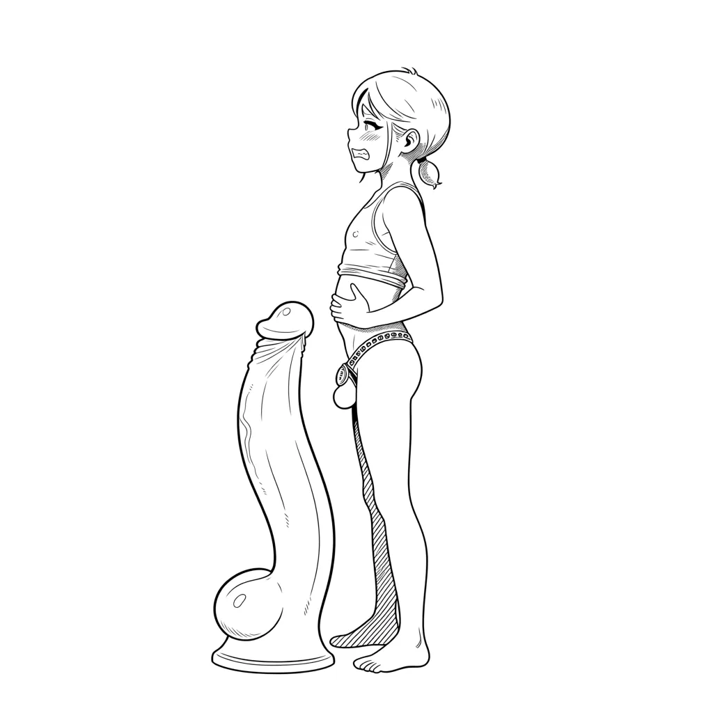 a small dicked femboy in a chastity cage getting analy fucked by a large dildo. The dildo is causing the stomach to buldge. full_body