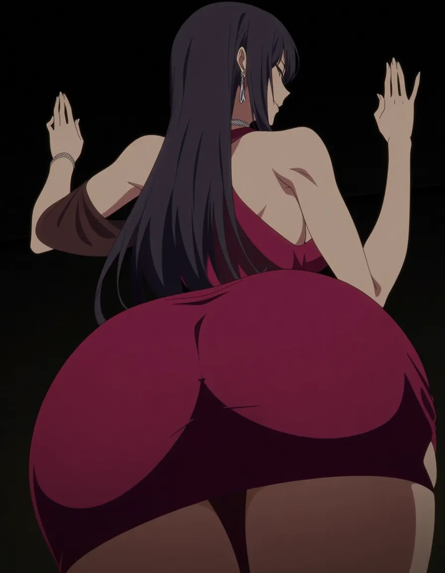 masterpiece, fine detail, office lady, muscular male, evening gown, presenting, manga panel look, (anime style:1.3), 2d, anime screencap, cel shading, flat color