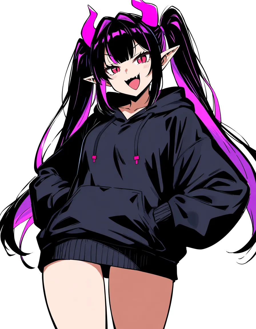 highres, vivid, demon girl, creampie, bare legs, twintails, simple background, manga panel look, hentai_studio_quality