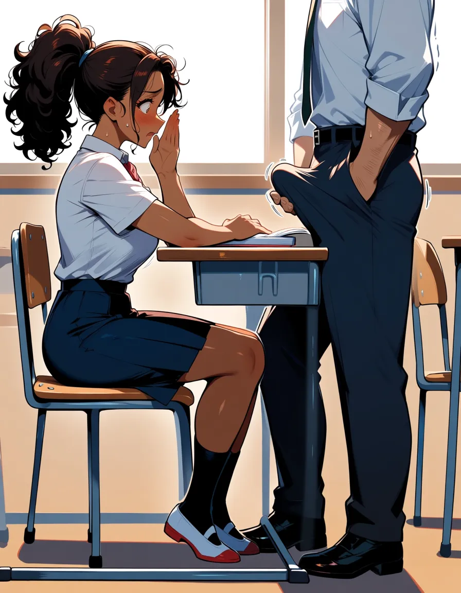 masterpiece, best quality, very aesthetic, a hentai image of a man standing next to a girl sitting at her desk, the girl has curly dark hair in a high ponytail, warm brown skin, athletic build, wearing school_uniform, the man wears teacher attire, tall and lean, They are both clearly visible, full‑body, in a classroom. The girl sits embarrassed, while the man stands next to her with one hand holding his erect penish with his hand out front of the girls face, two distinct people, no merging, no missing person, no single‑person image., hentai_studio_quality, hentai_studio_quality