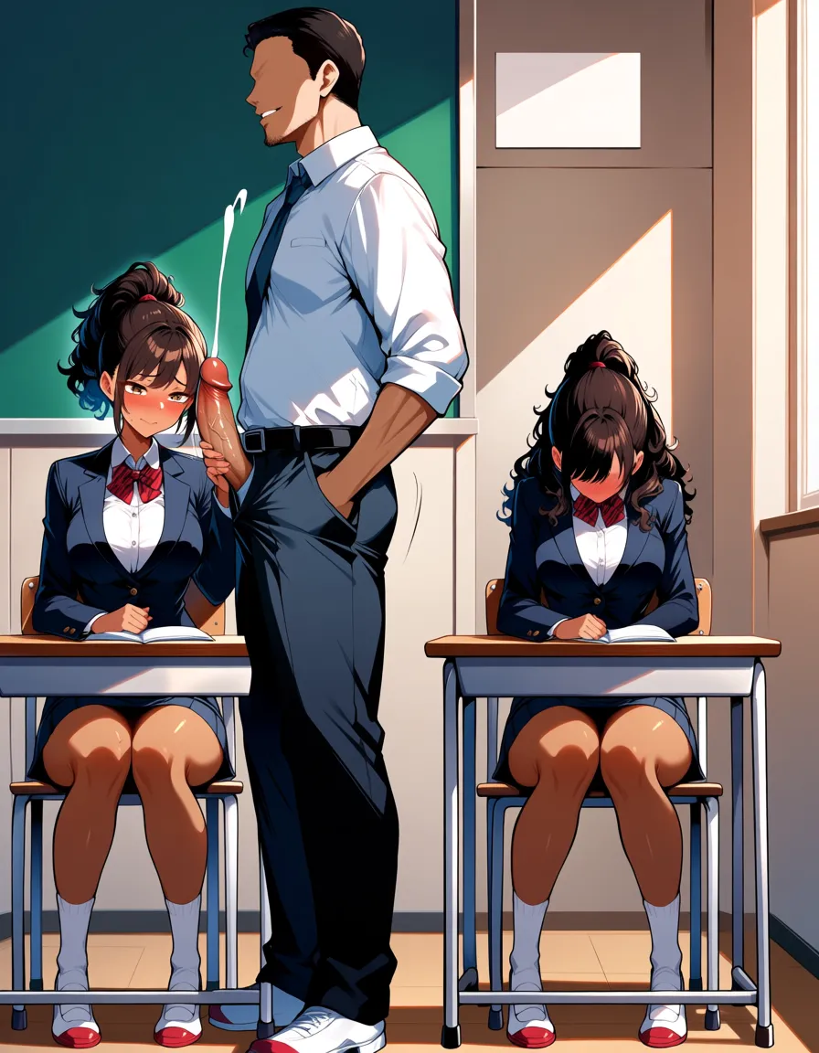 masterpiece, best quality, very aesthetic, a hentai image of a man standing next to a girl sitting at her desk, the girl has curly dark hair in a high ponytail, warm brown skin, athletic build, wearing school_uniform, the man wears teacher attire, tall and lean, They are both clearly visible, full‑body, in a classroom. The girl sits embarrassed, while the man stands next to her with his erect penis displayed in front of her face, the man strokes his erect penis cumming onto the girls desk in front of her, two distinct people, no merging, no missing person, no single‑person image., hentai_studio_quality, hentai_studio_quality