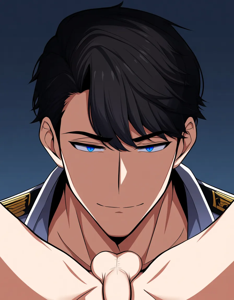 /masterpiece absurdres /ultra_detailed outline commander_(azur_lane) 1boy yaoi mature_male male_focus pov lying spread_legs anal white_naval_uniform bottomless peaked_cap blue_eyes black_hair wavy_hair short_hair arms_behind_head small_penis testicles full_body, hentai_studio_quality