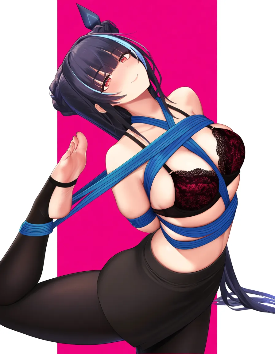 @kitagawa_marin , bondage, flexible, yoga, skirt, lace, bra, twin_braids, lewd, hentai_studio_quality