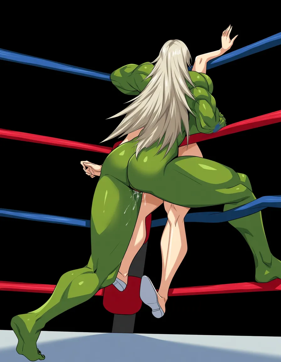 2girls , she_hulk , ghislaine_dedolia_(guilty_gear) , yuri sex, strapon , wrestling_ring, wrestling , pussy_juice,, defeated,,, nude, hentai_studio_quality