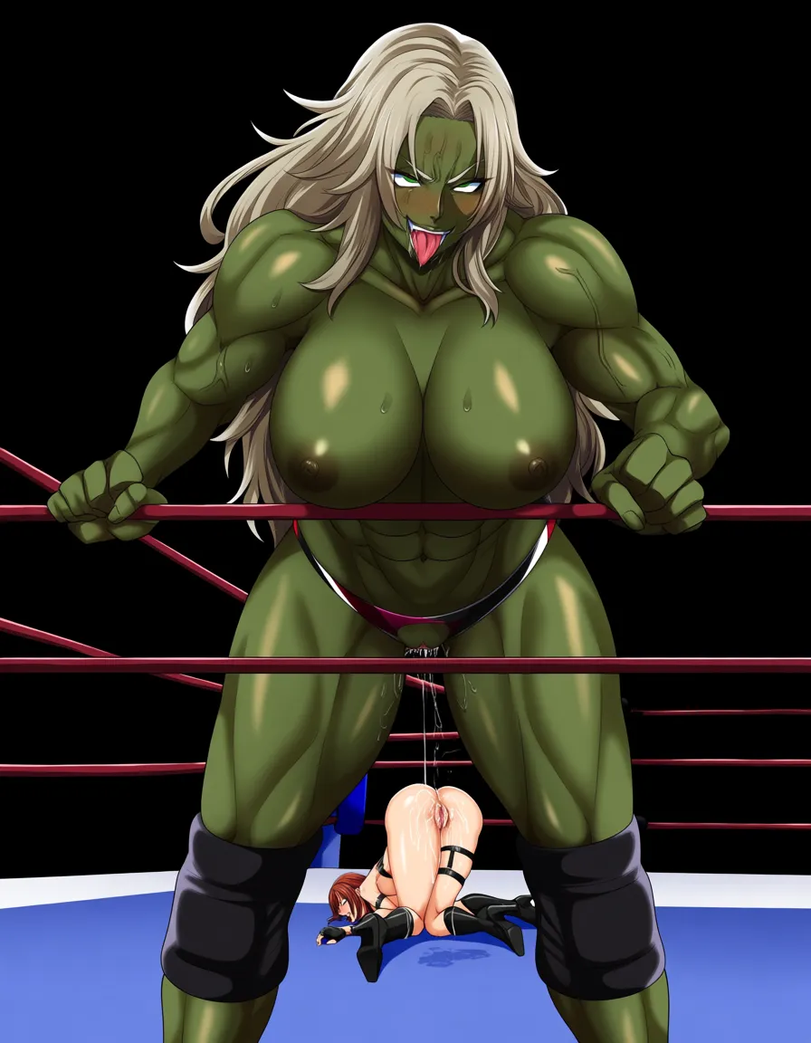 2girls , she_hulk green_skin , ghislaine_dedolia_(guilty_gear) , yuri sex, strapon , wrestling_ring, wrestling , pussy_juice,, defeated,,, nude, doggystyle tongue ahegao, hentai_studio_quality
