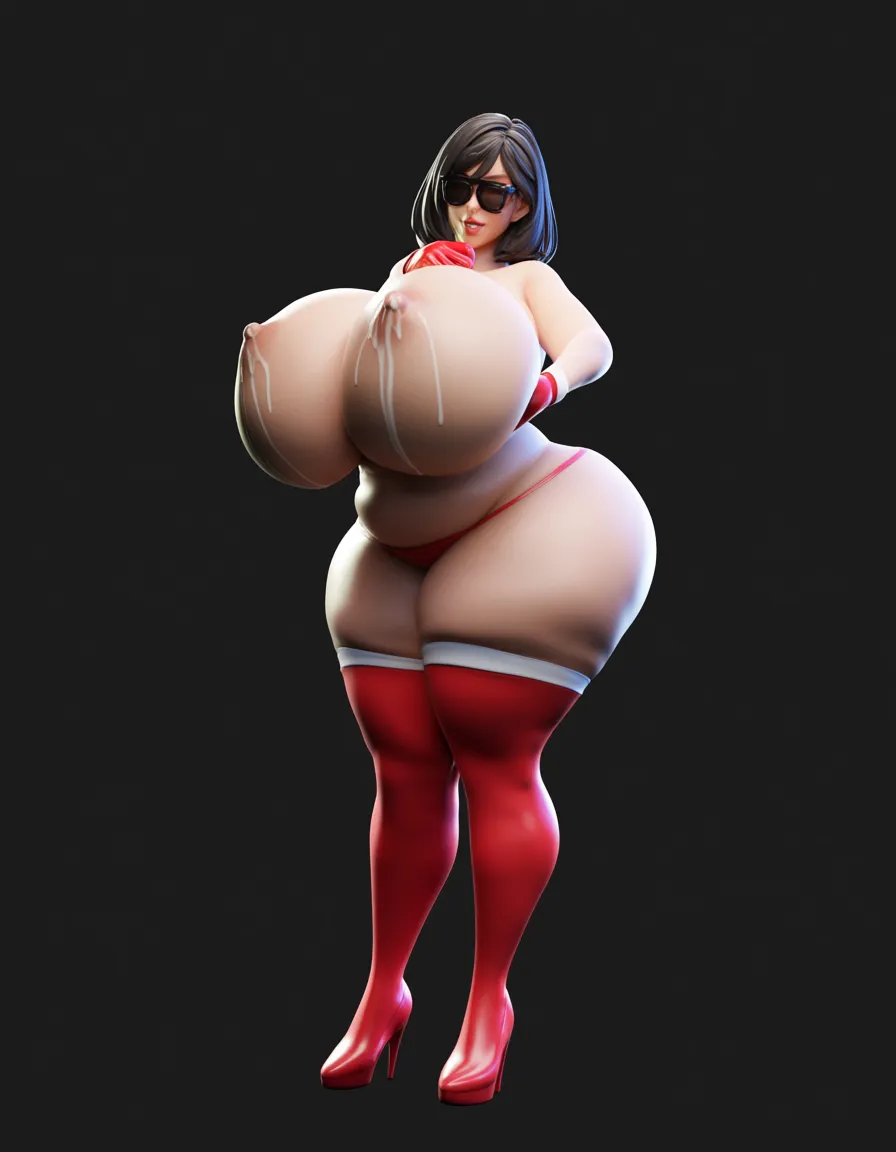 multiple_girls, thick_thighs, huge_ass, huge_breasts, wide_hips paizuri, thighhighs, plump, alternate_breast_size, size_difference, thighs, hip_focus, large_breasts, lactation,  paizuri, score_9, score_8, 3d render, octane render, subsurface scattering, ray tracing, smooth shading