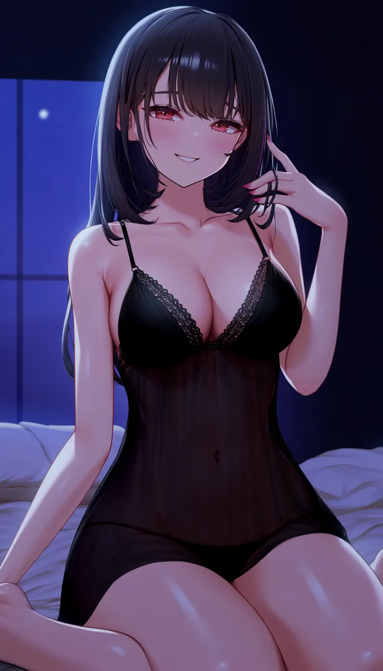 @kitagawa_marin ,18+, perfect body,rounded hips,  detailed body, medium_breasts , (black see-through chemise : 1.3) , (black stokings : 1.3) , night, night moon soft smooth dim ambient light, seductive smile, wariza on luxury bed, luxury bedroom, selfie view, hentai_studio_quality