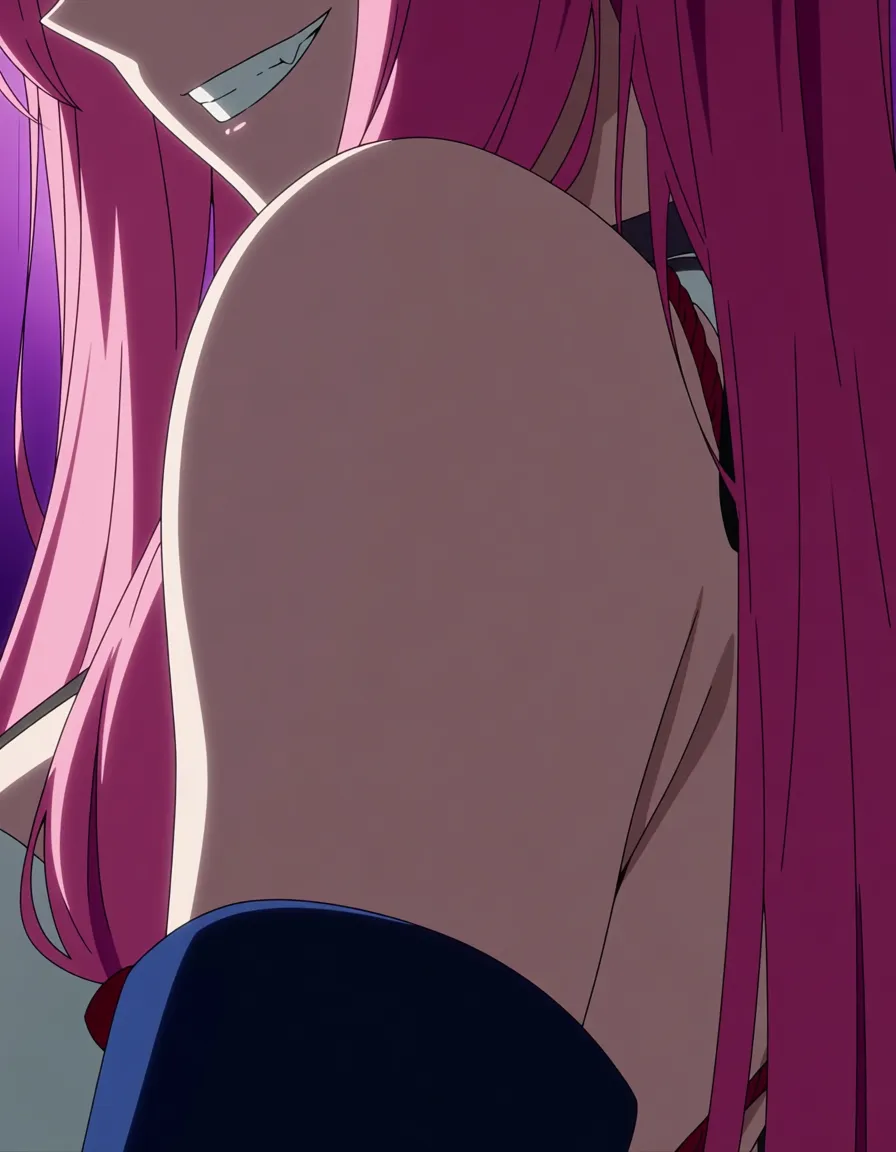 ultra detailed, sharp focus, solo female, pink hair, detached sleeves, bondage, teasing grin, close-up, vivid colors, (anime style:1.3), 2d, anime screencap, cel shading, flat color