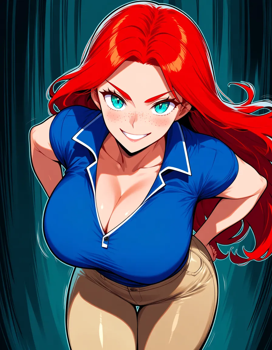 Enormous breasts, red hair, blue polo, tan tight pants, freckles, smile, grabbing_own_breast, leaning_forward, cleavage,, hentai_studio_quality