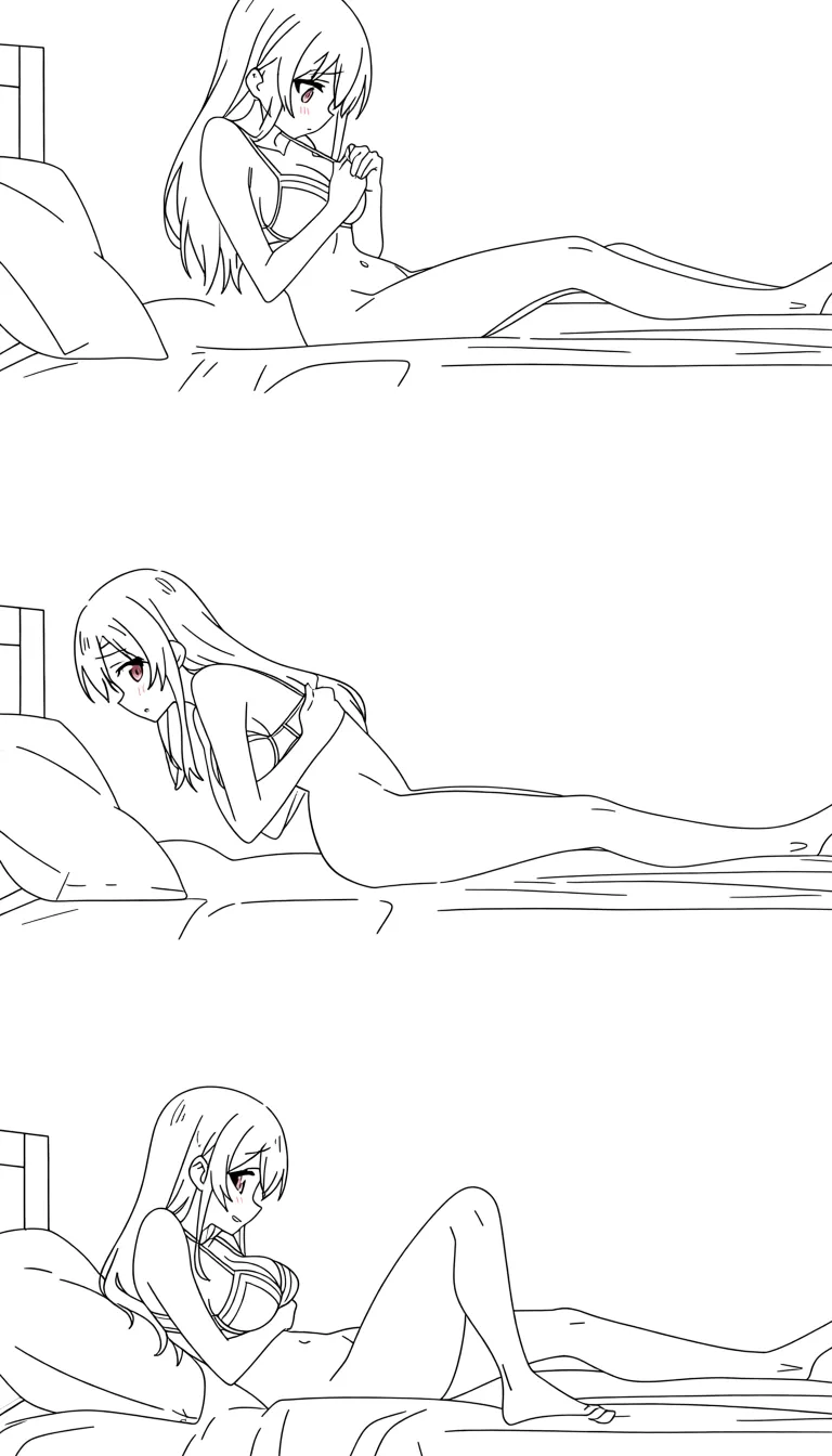 She gets up onto the bed and takes off her bra then lays down on her front with her ass in the air