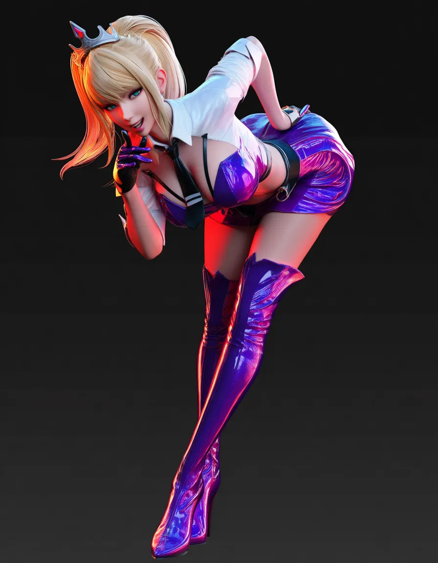 highres, vivid, princess, thigh boots, necktie, bent over, playful expression, hentai style, score_9, score_8, 3d render, octane render, subsurface scattering, ray tracing, smooth shading