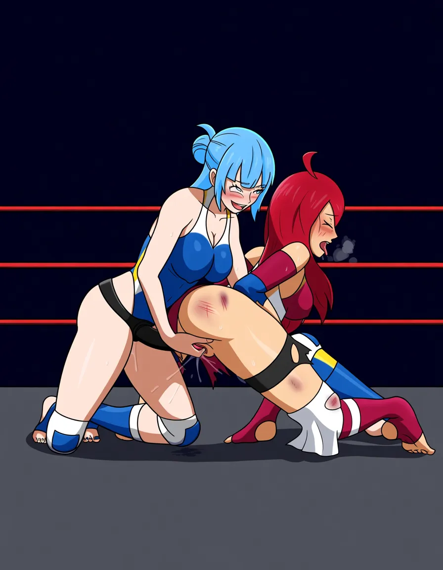 2girls , Best_quality, ultra_detailed, @ram_(re:zero)-blue_hair , @jessie_(pokemon)-red_hair , yuri sex ,wrestling_ring wrestling defeated, pussy_juice squirting orgasm , bruised , strap-on vaginal, torn_clothes wince, kneeling fingering sex_from_behind, hentai_studio_quality