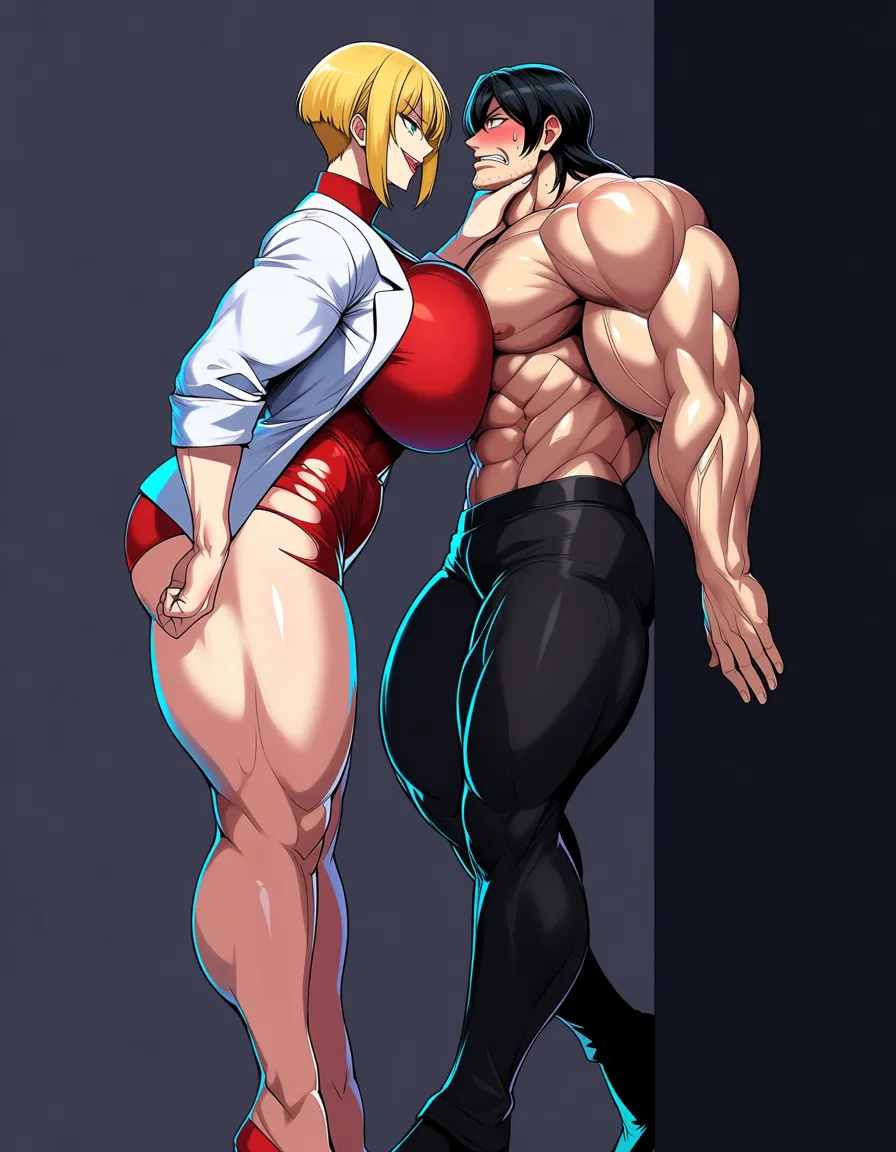 Giant muscular_female, petite male, male stubble, adults, extreme size_difference, femdom, male scientist lab_coat, female torn_clothes, female bare_arms bare_legs bare_pectorals, female blonde_hair short_hair_with_long_locks , underground lab, lab experiment, science_fiction , bossy female, pinned male against_wall, assertive_female, serious dominant female looking_at_another, nervous blush male looking_up , breast_press, male black medium_hair, female abs, female big biceps, female big shoulders, female thick_thighs, female huge_ass, female wide_hips, huge_breasts, gigantic tall female, male narrow_waist, scary female, throat lift, domination, eye_contact, aged_up, hentai_studio_quality
