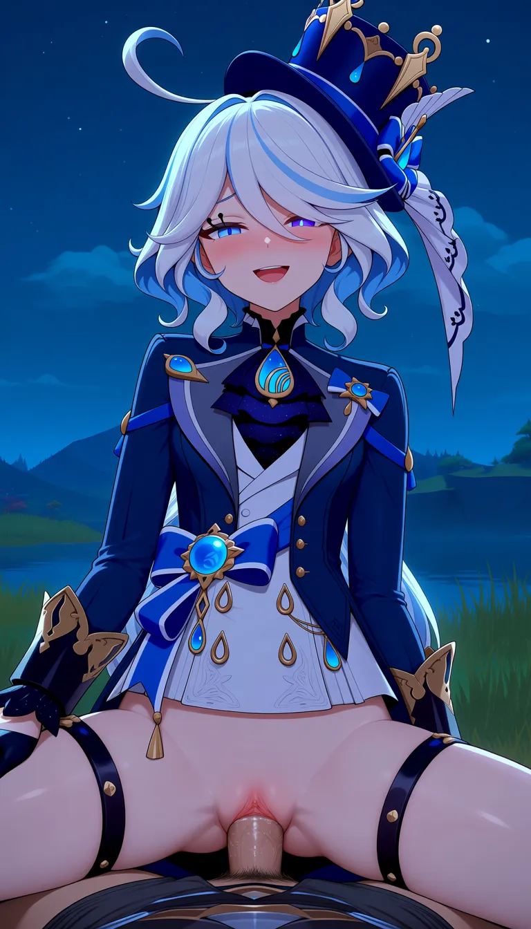 Masterpiece, Genshin impact stylem Furina, shorts down, panties down, Pussy, pov light no hairs penis, pov vaginal sex, pov cowgirl, half-closed eyes, Lake, look at viewer, outfit, smile,.,,, value:0.1 for: hentai_studio_quality.,,,,,,,,,,,, hentai_studio_quality