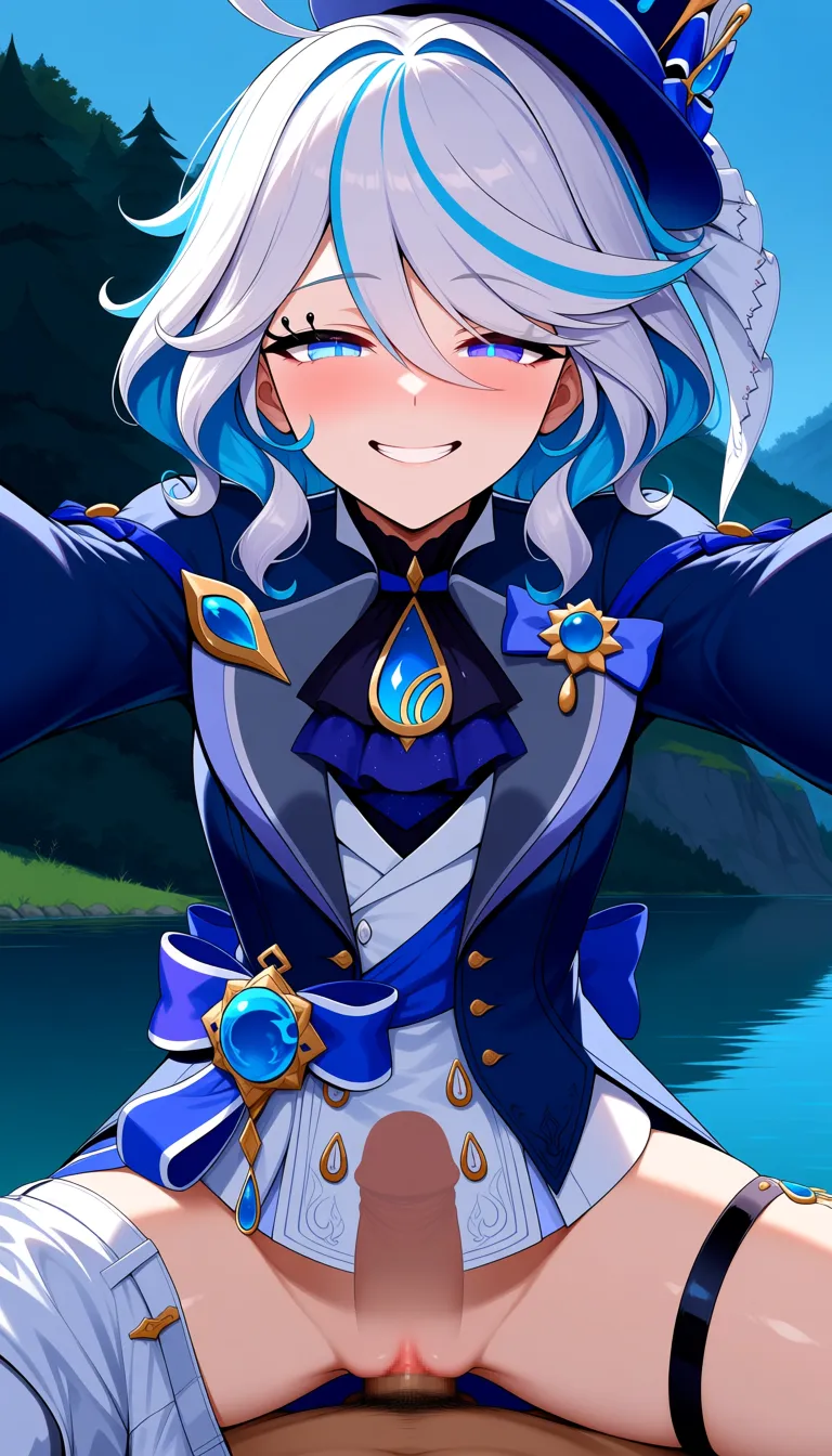 Masterpiece, Genshin impact stylem Furina, shorts down, panties down, Pussy, pov light no hairs penis, pov vaginal sex, pov cowgirl, half-closed eyes, Lake, look at viewer, outfit, smile,.,,, value:0.1 for: hentai_studio_quality.,,,,,,,,,,,, hentai_studio_quality, hentai_studio_quality