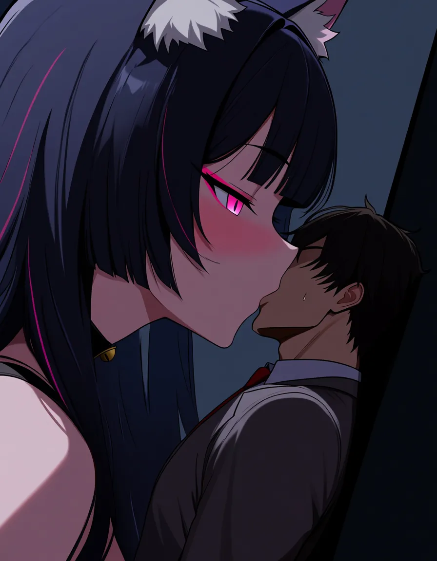 black_hair, pink_eyes, giantess, cat_girl, kissing, against_wall, 1girl, 1boy, hentai_studio_quality